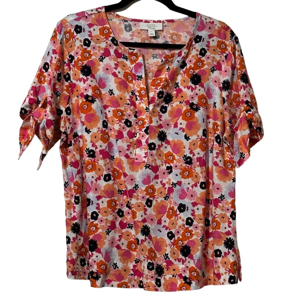 Linen Charter Club Luxury size L 100% linen orange floral short tie sleeves top